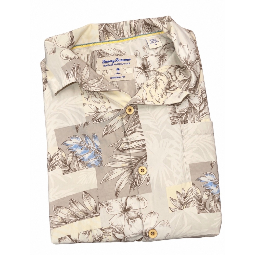 Tommy Bahama Button Down Mens XL Beige Excellent Silk Floral Heritage Tortola